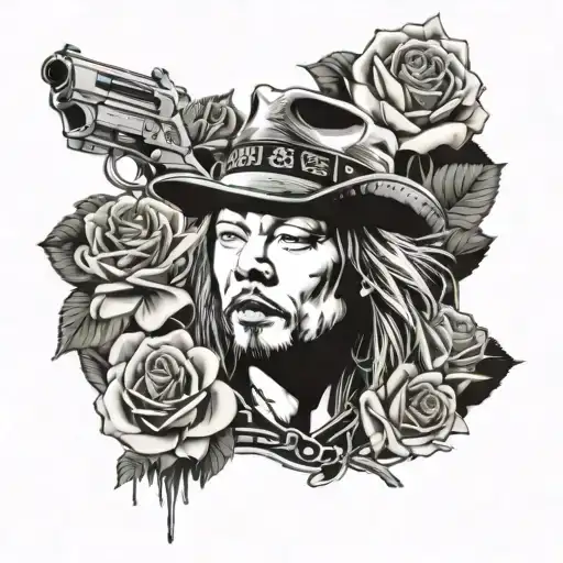A Realistic Portrait Of Axl Rose From Guns N Roses Surrounded By Roses And Guns