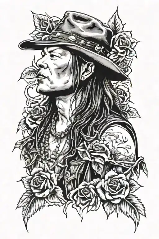 A Realistic Portrait Of Axl Rose From Guns N Roses Surrounded By Roses And Guns