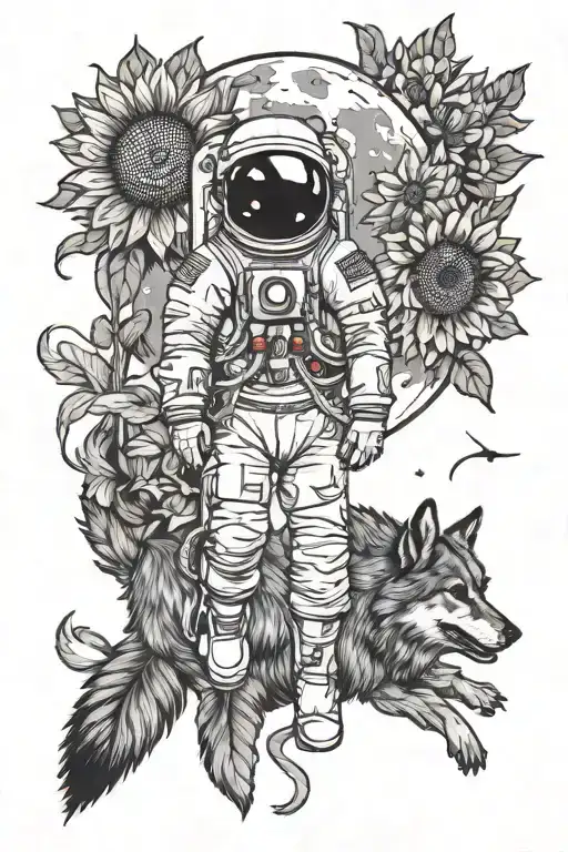 Astronaut In Space With The Full Moon Accompanied By A Wolf And Sunflowers