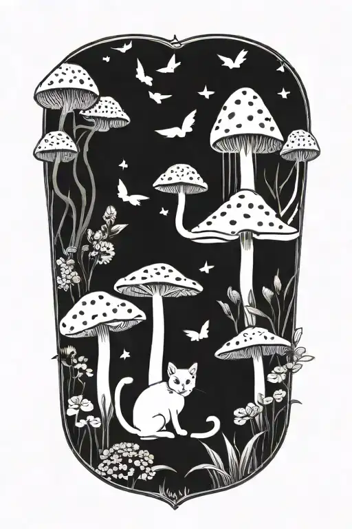 Cat Exploring A Mystical Mushroom Garden