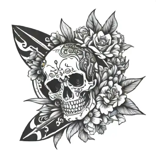 A Skull With Surfboards As Crossbones Surrounded By A Wreath Of Flowers