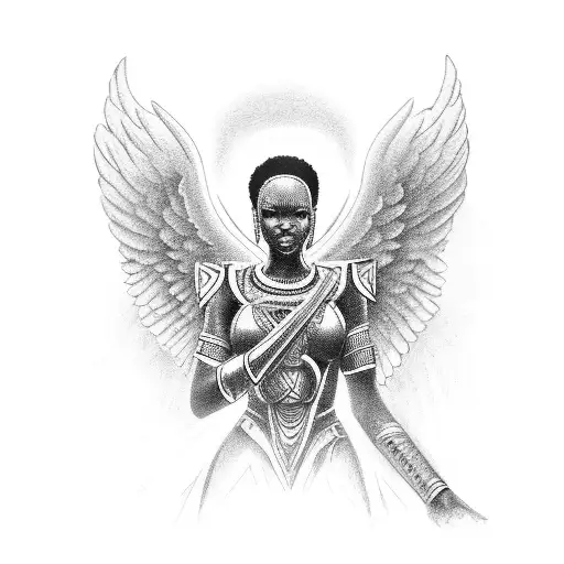 Female African Warrior Angel On One Knee Near Water
