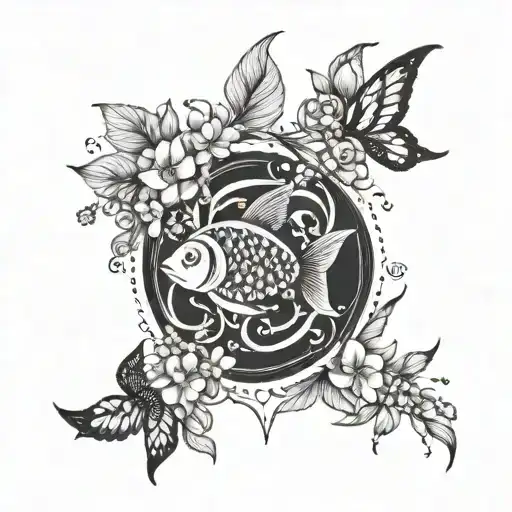 Pisces Zodiac And Flowers With Butter Fly