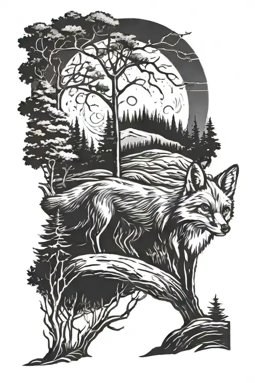Fox Looking At The Moon In A Forest Scene