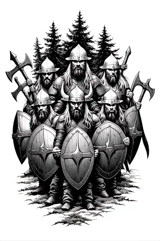 A Squad Of 12 Vikings With Shields And Axes Stands In A Dense Forest