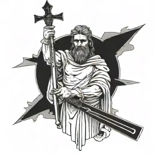 A Stoic Statue Of A Philosopher With A Divine Halo And Sword Of Wisdom