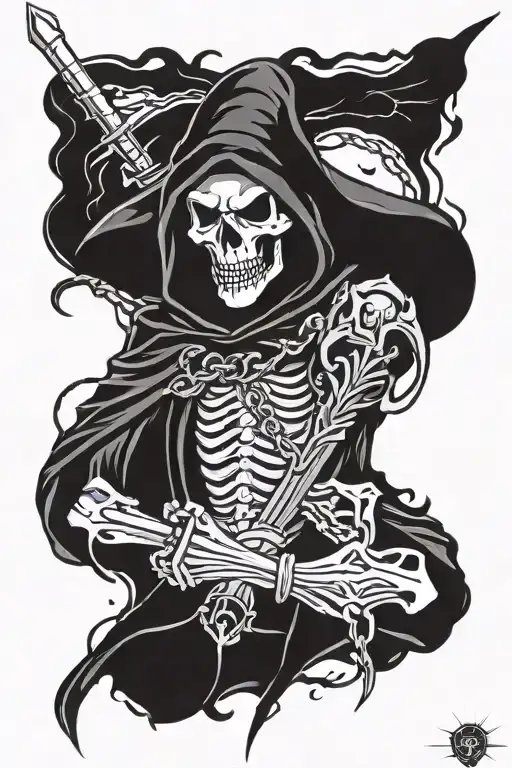 Skull Face Grim Reaper With Sword And Chain On Forearms