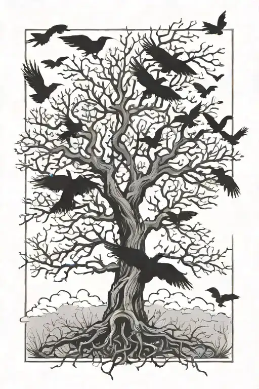 Poison Tree And Black Birds Flying Above Tree