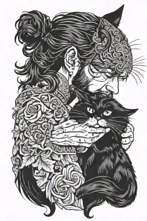 Handsome Man With Black Hair And Beard Cuddling A Long-haired Black Cat