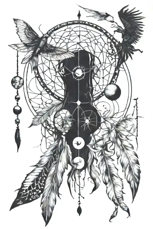 Moon Phases With Native American Dream Catcher And Dragon Flies
