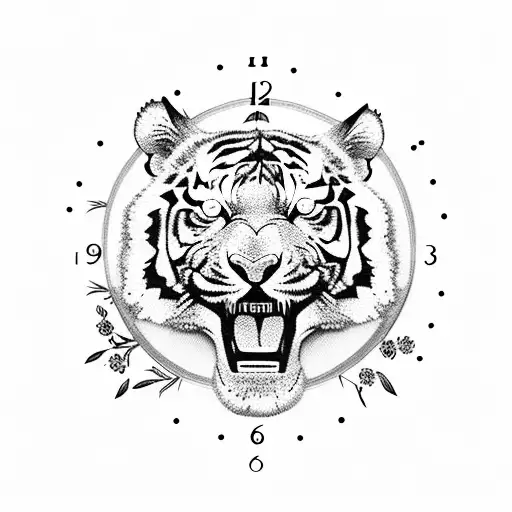 Open Mouth Tiger And Clock With Flowers