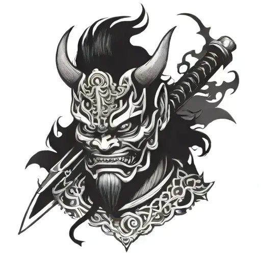 Oni Mask With A Katana And A Serpent