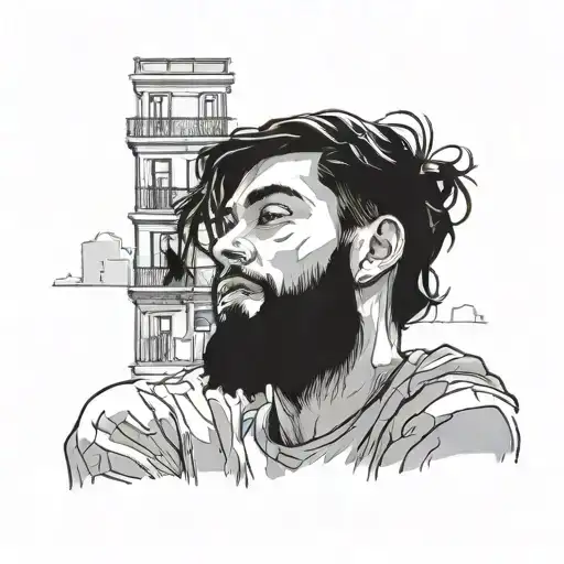 Young Man With Black Hair And Beard Smokes Sitting On A Low Wall Against A City Background