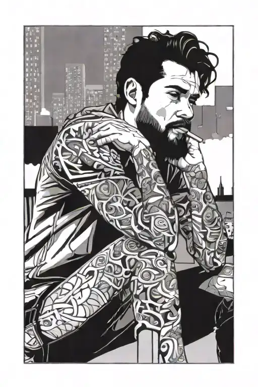 Young Man With Black Hair And Beard Smokes Sitting On A Low Wall Against A City Background