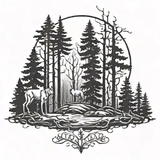 A Blackwork Tattoo Of A Creepy Forest Scene With Hidden Dog Silhouettes Among The Trees