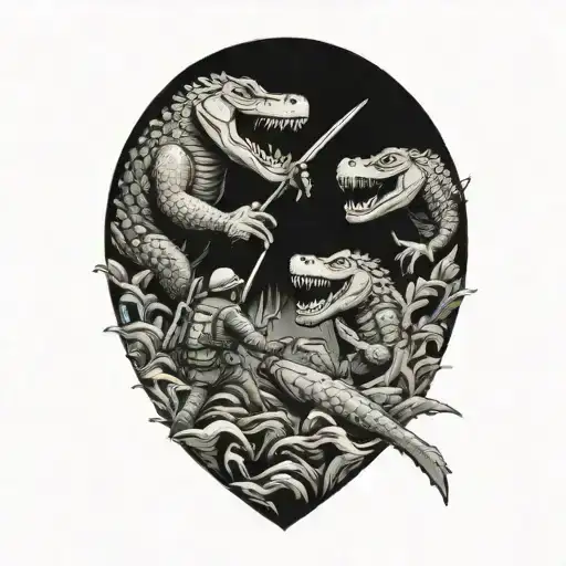 An Intense Battle Scene With Soldiers Wielding Weapons And Alligators As Allies