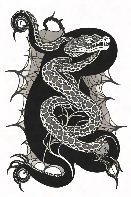 Snake With The Spider Webs Surrounding