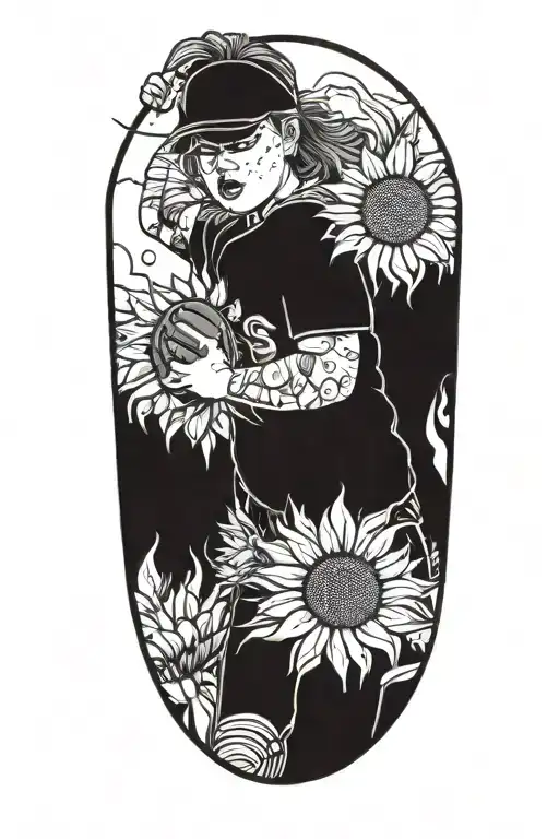 A Softball Pitcher Throwing A Softball On Fire With Sunflowers Around Her