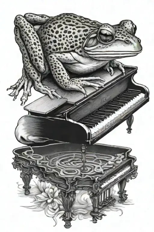 A Realistic Blackwork Tattoo Of A Frog Playing A Grand Piano
