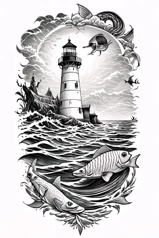 Ocean With Light House And Salt Water Fish
