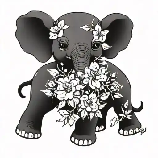 Baby Elephant Surrounded By Flowers