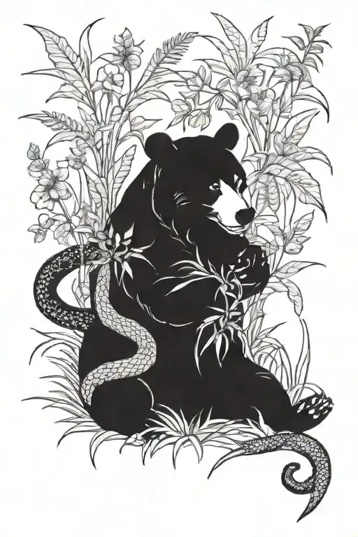 Snake In Grass And A Bear Eating The Snake