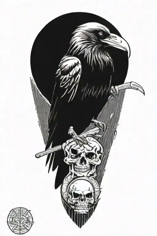 Raven Holding Scythe In Mouth Perched On Skull