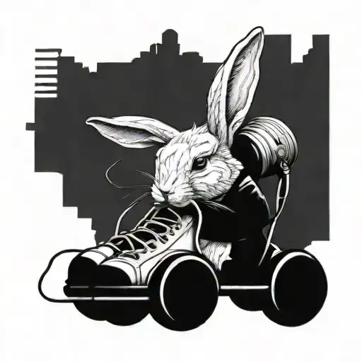 A Surreal Tattoo Of A Rabbit Wearing Soccer Cleats And Headphones