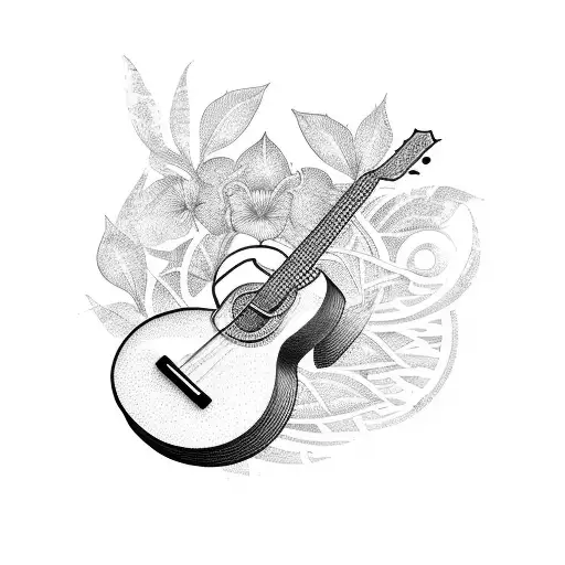 A Blackwork Tattoo Of A Guitar Surrounded By A Lush Garden With Bamboo Stalks