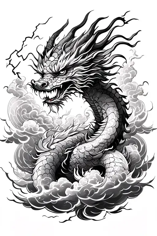 Chinese Dragon Around Clouds And Lightning