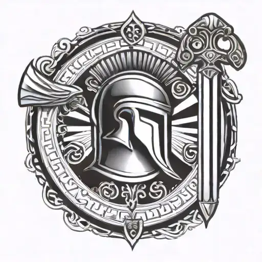 Spartan Sword And Shield With Spartan Helmet And Greek Key Symbol Circle At The Top