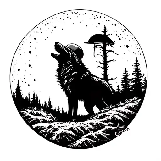 A Wolf Silhouette Howling At The Moon With A Military Helmet On Its Head