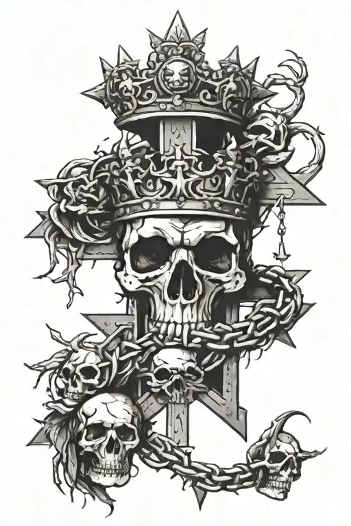 Cross With A Crown Of Thorns Hanging Off Of It With Skulls Around