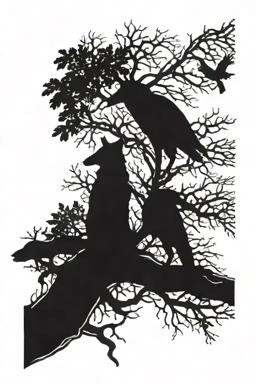 Crow And Coyote Bowing At Tree