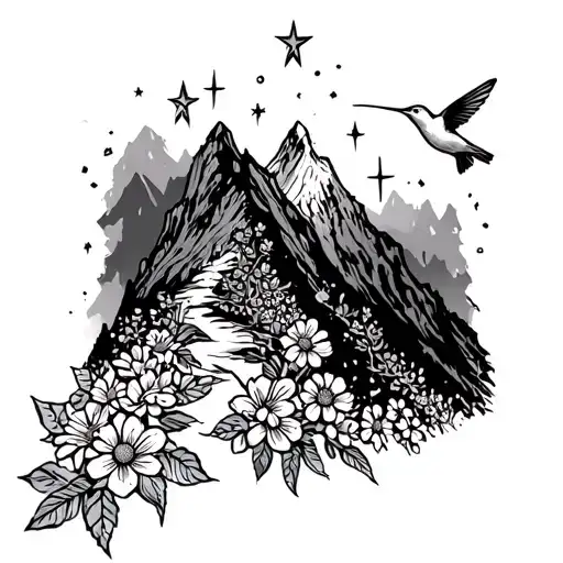 A Trail Of Flowers And Stars Leading Up A Mountain With A Hummingbird Flying Overhead