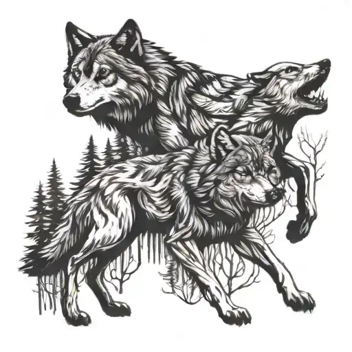 Two Wolves Running Away In The Forest