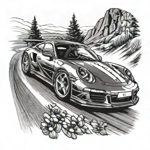 A Sleek And Detailed Tattoo Of A Porsche Car Speeding Down A Canadian Racetrack