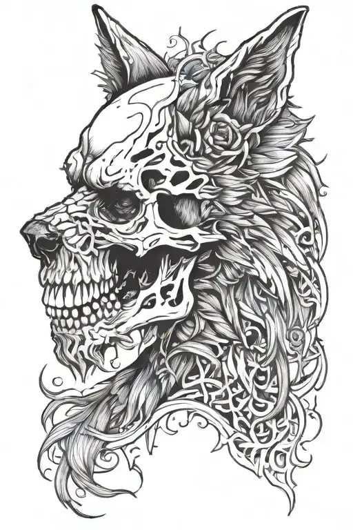 Human Skull Into A Wolf's Head Profile Holding