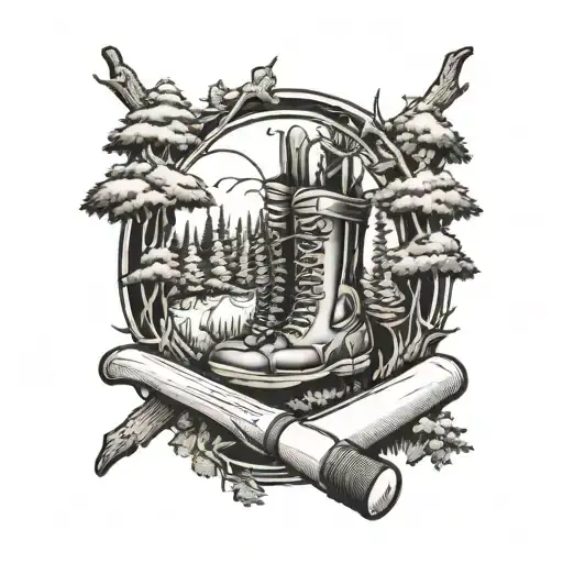 A Majestic Forest Landscape With A Hidden Boxing Glove And Hockey Stick Intertwined In The Trees