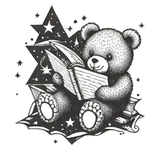 A Dreamy Scene Of A Teddy Bear Reading A Book Under A Starry Sky