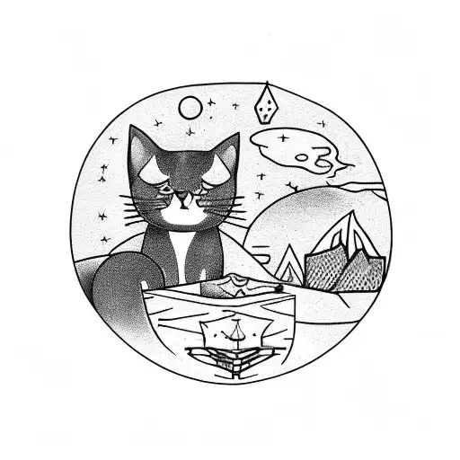 Cat Uncomfortable In Box Near With A Night Sky Above It And A Campfire In The Distance