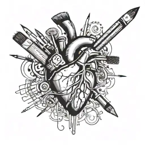 An Abstract Representation Of Art Tools Like Paintbrushes And Pencils Forming A Heart Shape