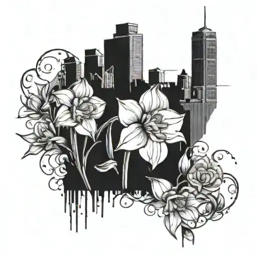 An Intricate Black-grey Design Of A Blackout City Skyline With Elegant Narcissus Flowers Intertwined