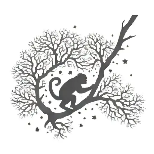 A Silhouette Of A Monkey Swinging From A Tree Branch Under A Starry Night Sky