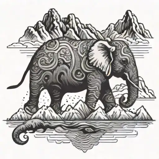 Elephant With Mountains And Water Coming From Back