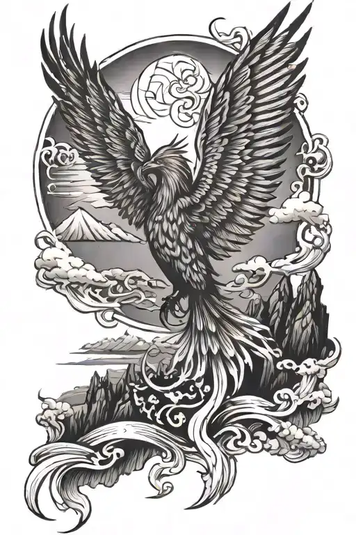 Phoenix Spreading Its Wings With Sun Above It And Mountains And Water Below It