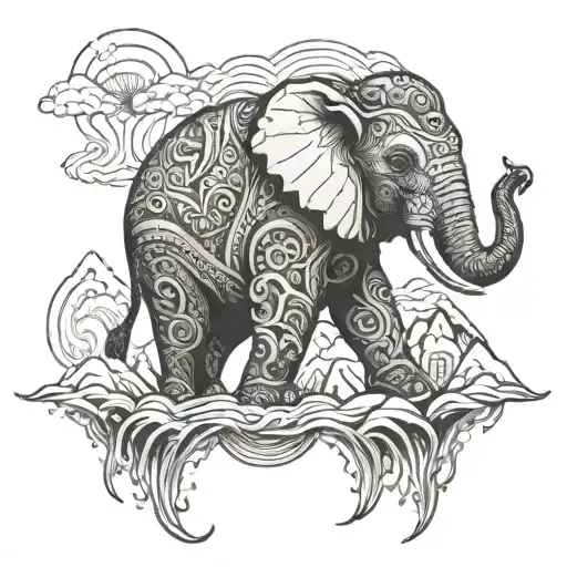 Elephant Made Up Of Mountains Going Into Water Southeast Asian Themed