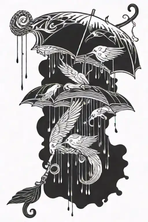 Upside-down Umbrella Getting Rained On And Being Held Up By A Bird With Rope Attached To The Handle