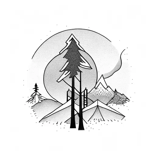 Landscape Linework Mountain Trees Sun Abstract Water