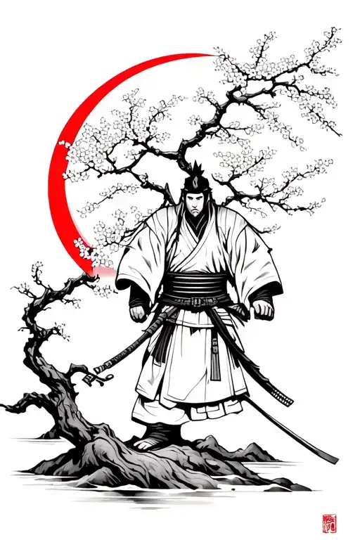 Lonely Ronin Samurai Next To Cherry Blossom Tree With Red Moon Behind Him